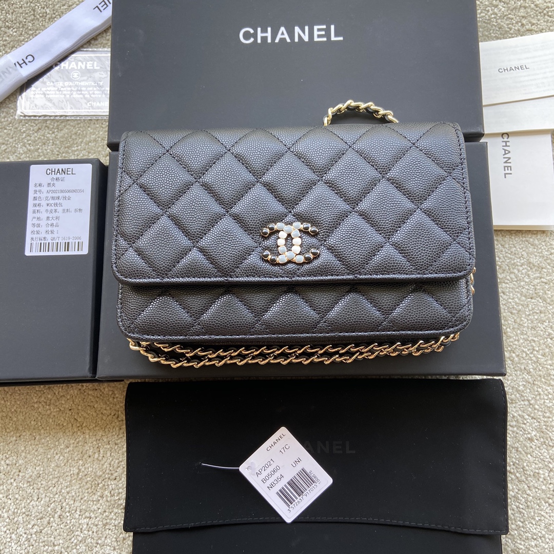 Replica Chanel AP2021 Women Plain Wallet On Chain Caviar Leather Black