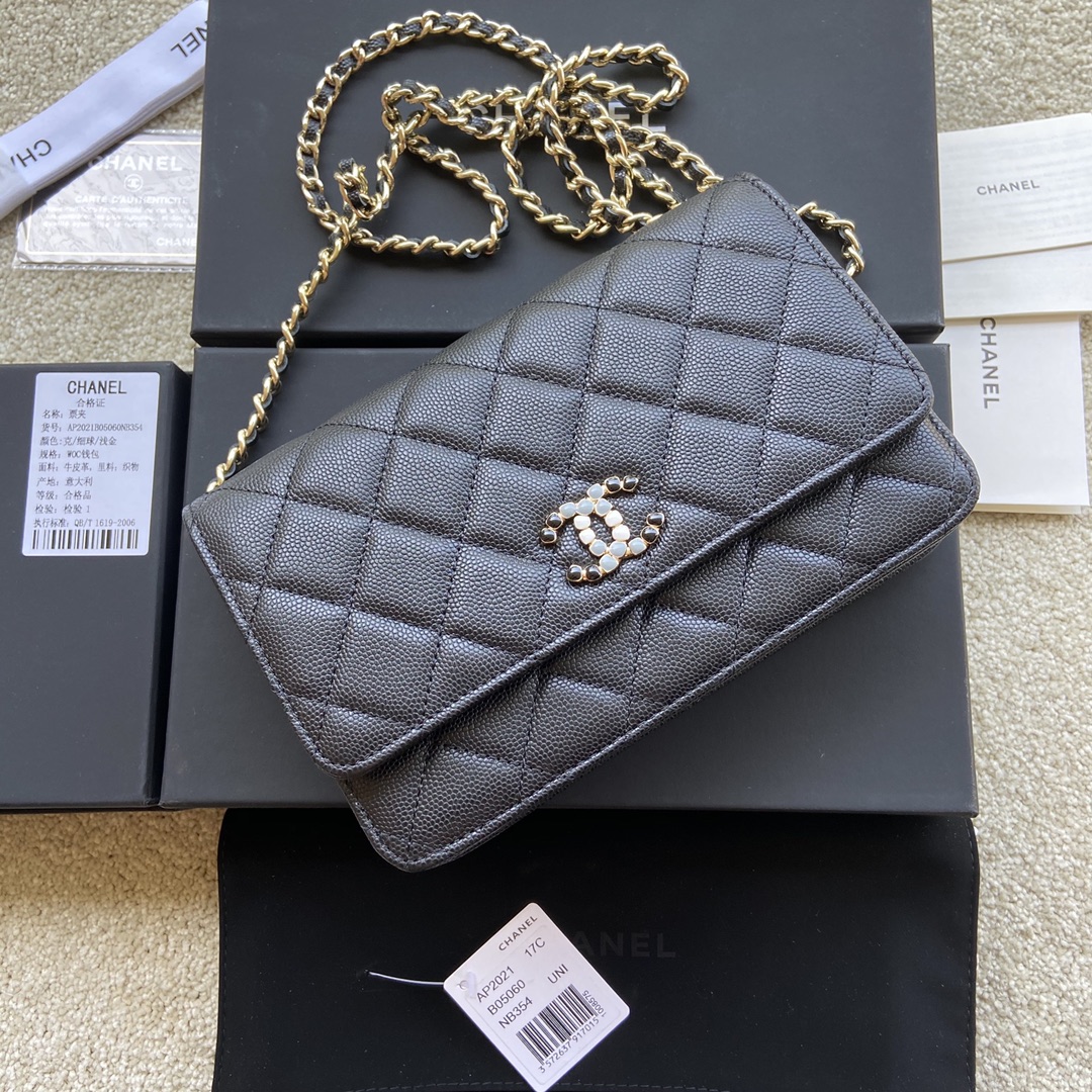 Replica Chanel AP2021 Women Plain Wallet On Chain Caviar Leather Black