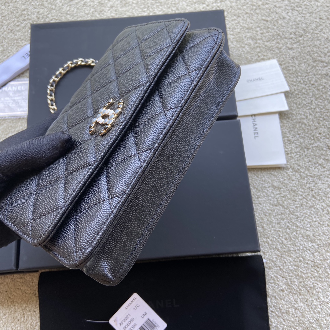 Replica Chanel AP2021 Women Plain Wallet On Chain Caviar Leather Black