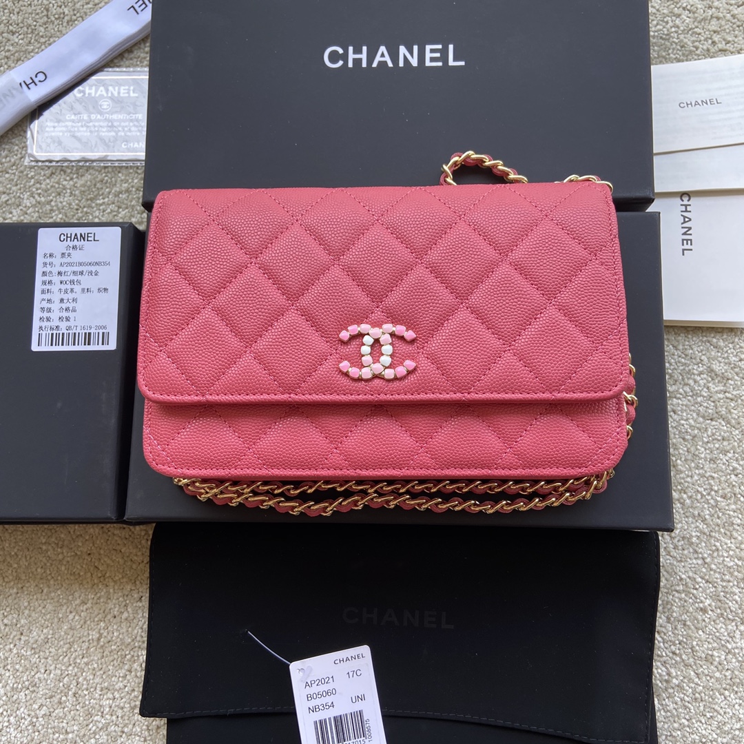 Replica Chanel AP2021 Women Plain Wallet On Chain Caviar Leather Rose