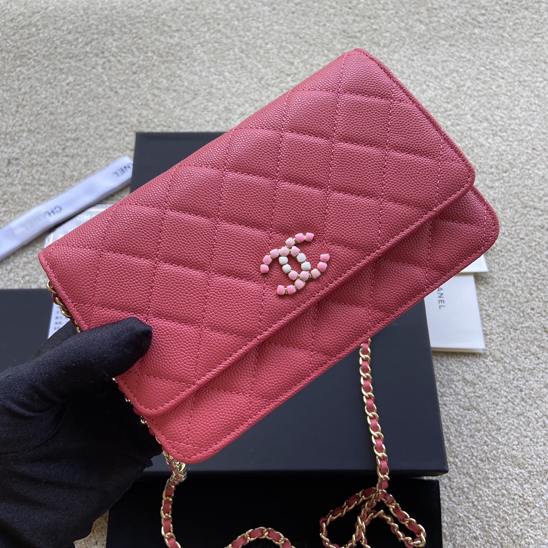 Replica Chanel AP2021 Women Plain Wallet On Chain Caviar Leather Rose