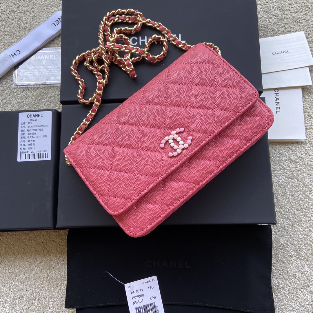 Replica Chanel AP2021 Women Plain Wallet On Chain Caviar Leather Rose