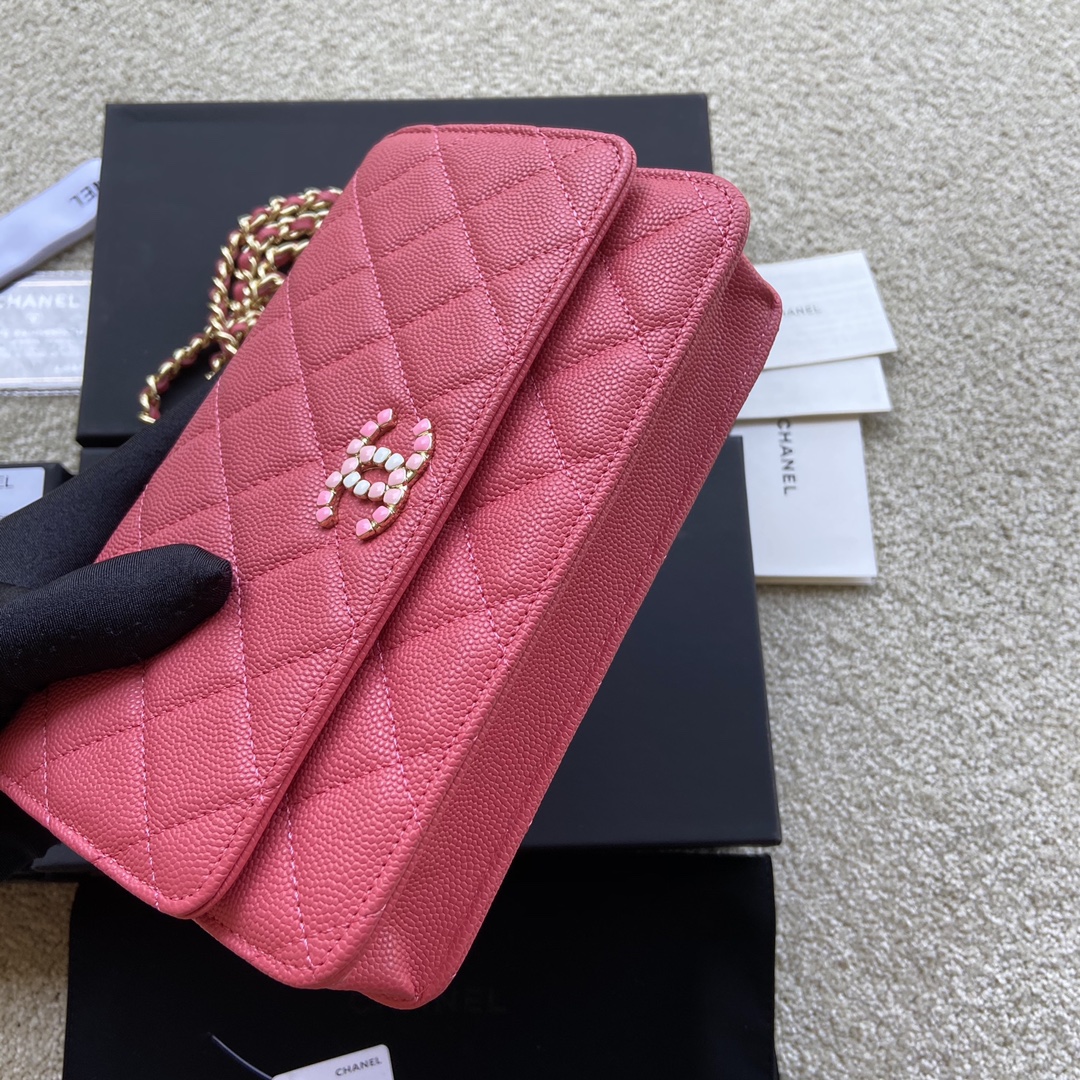 Replica Chanel AP2021 Women Plain Wallet On Chain Caviar Leather Rose