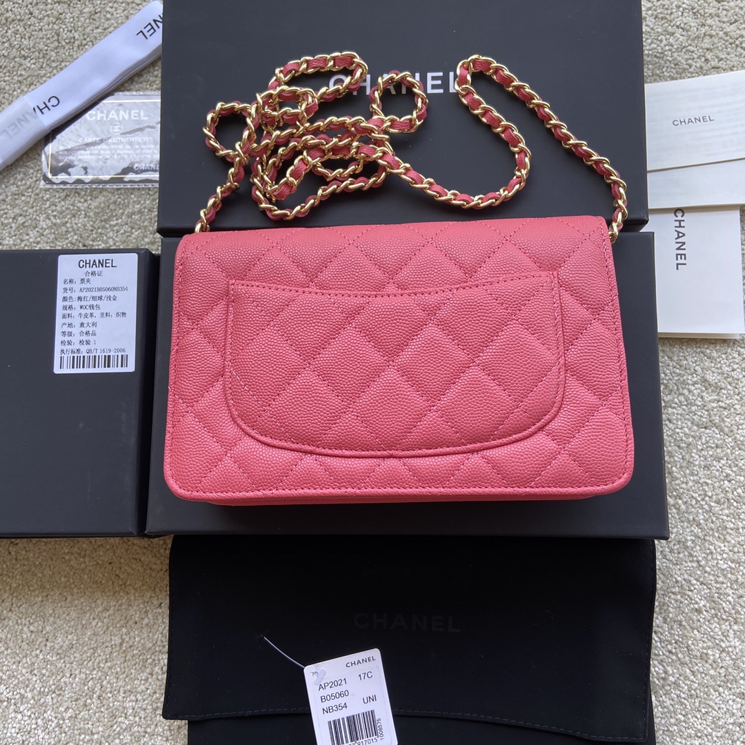 Replica Chanel AP2021 Women Plain Wallet On Chain Caviar Leather Rose