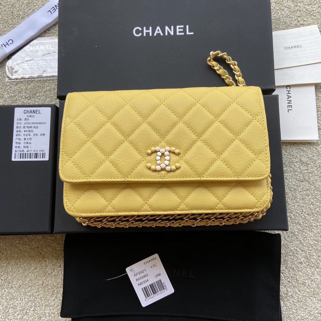 Replica Chanel AP2021 Women Plain Wallet On Chain Caviar Leather Yellow