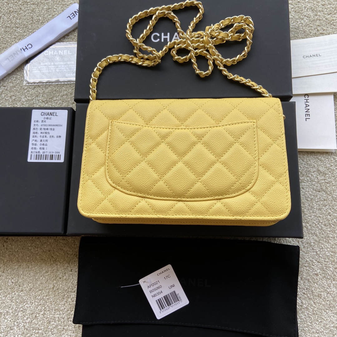 Replica Chanel AP2021 Women Plain Wallet On Chain Caviar Leather Yellow