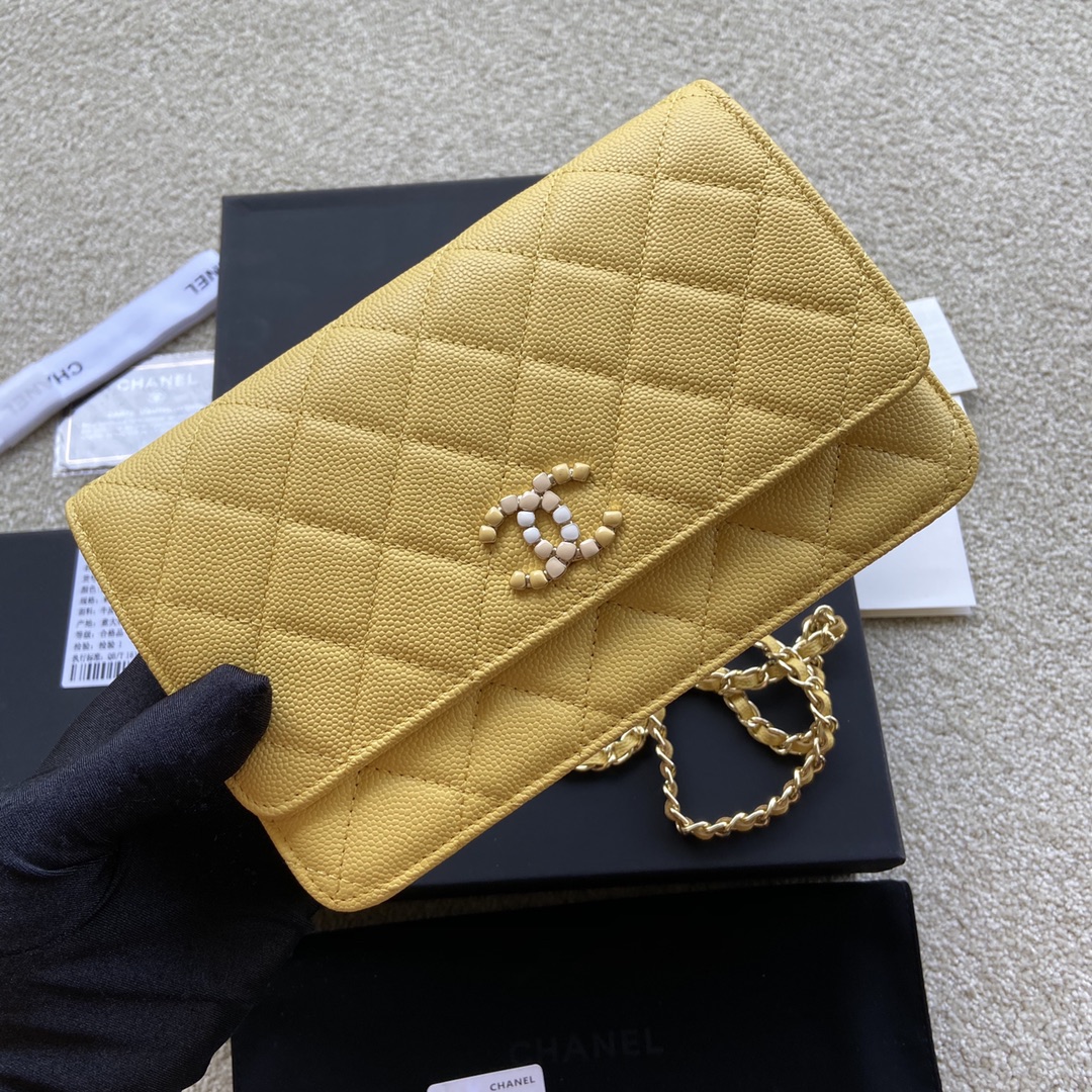 Replica Chanel AP2021 Women Plain Wallet On Chain Caviar Leather Yellow