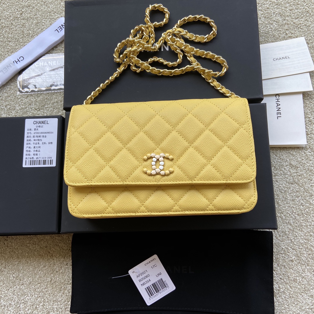 Replica Chanel AP2021 Women Plain Wallet On Chain Caviar Leather Yellow