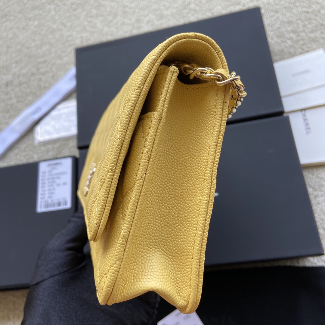 Replica Chanel AP2021 Women Plain Wallet On Chain Caviar Leather Yellow