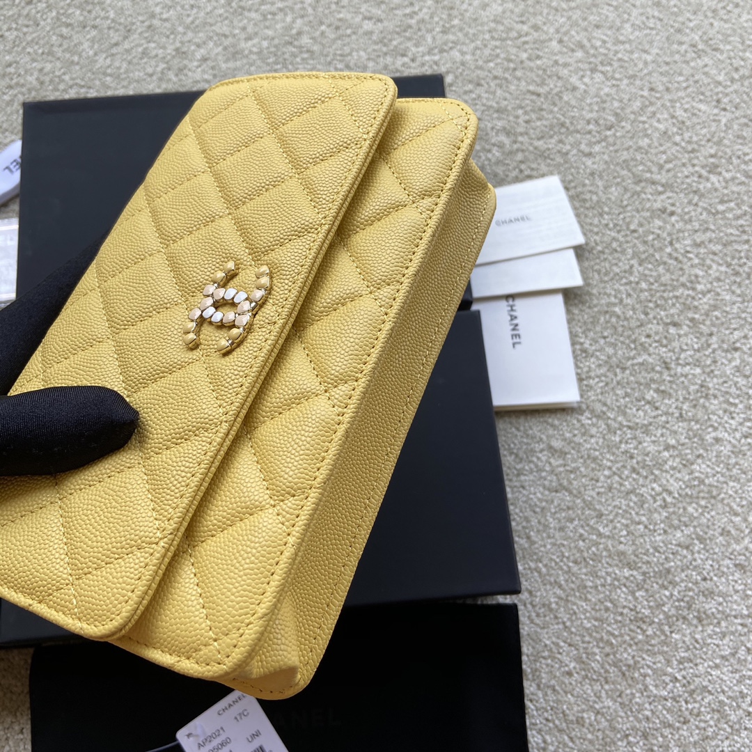 Replica Chanel AP2021 Women Plain Wallet On Chain Caviar Leather Yellow