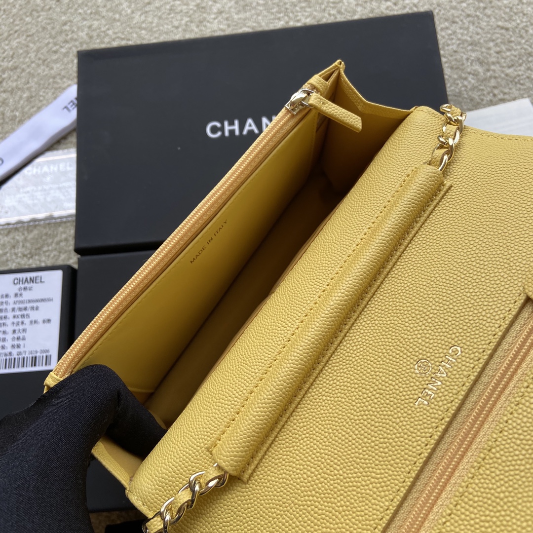 Replica Chanel AP2021 Women Plain Wallet On Chain Caviar Leather Yellow