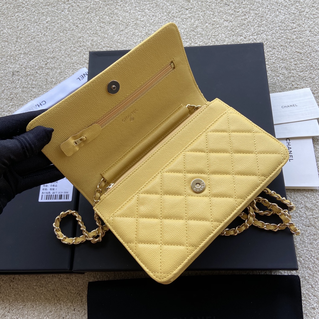 Replica Chanel AP2021 Women Plain Wallet On Chain Caviar Leather Yellow