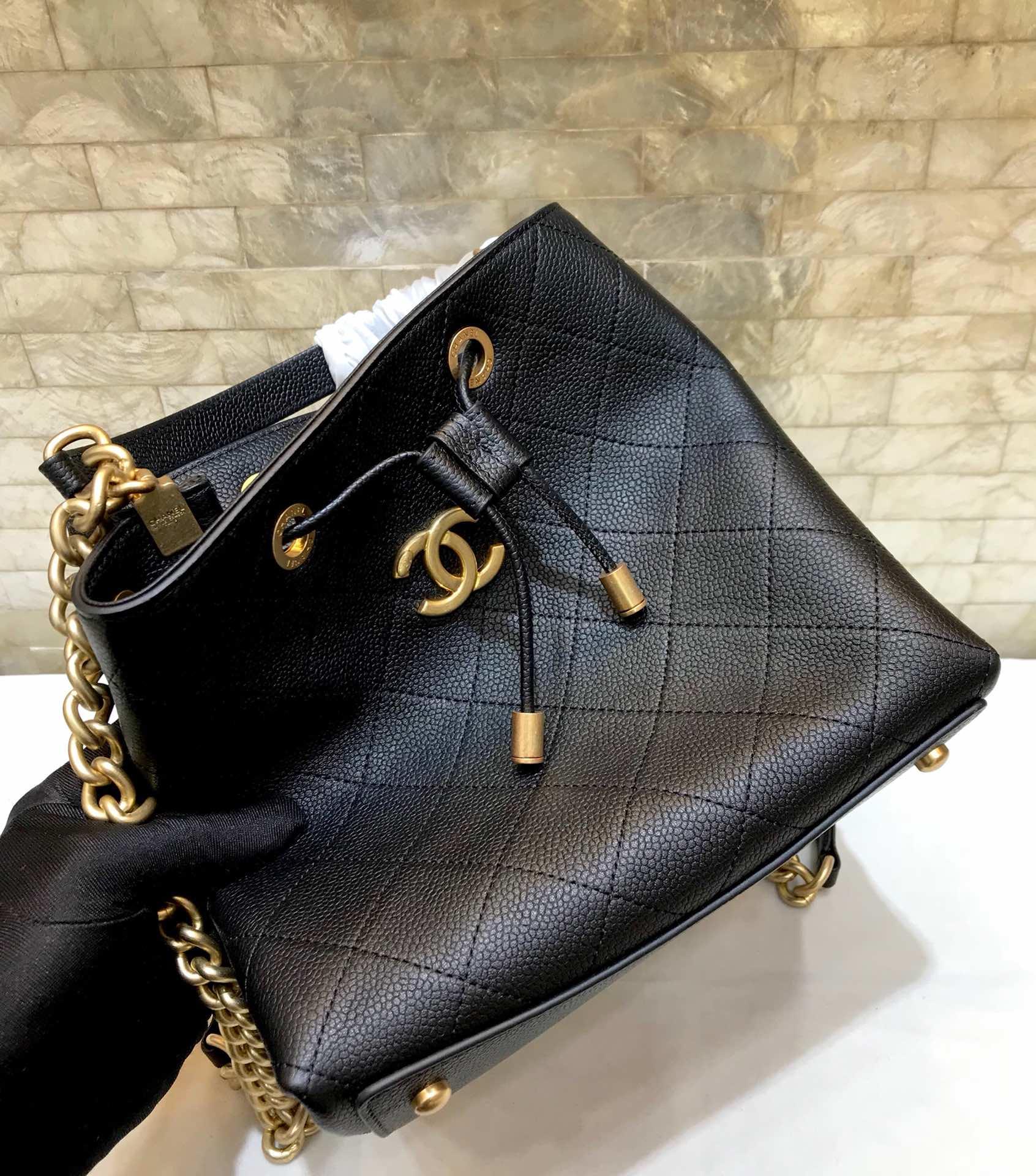 Replica Chanel AS0310 Drawstring Bag Grained Calfskin Gold Tone Metal Black