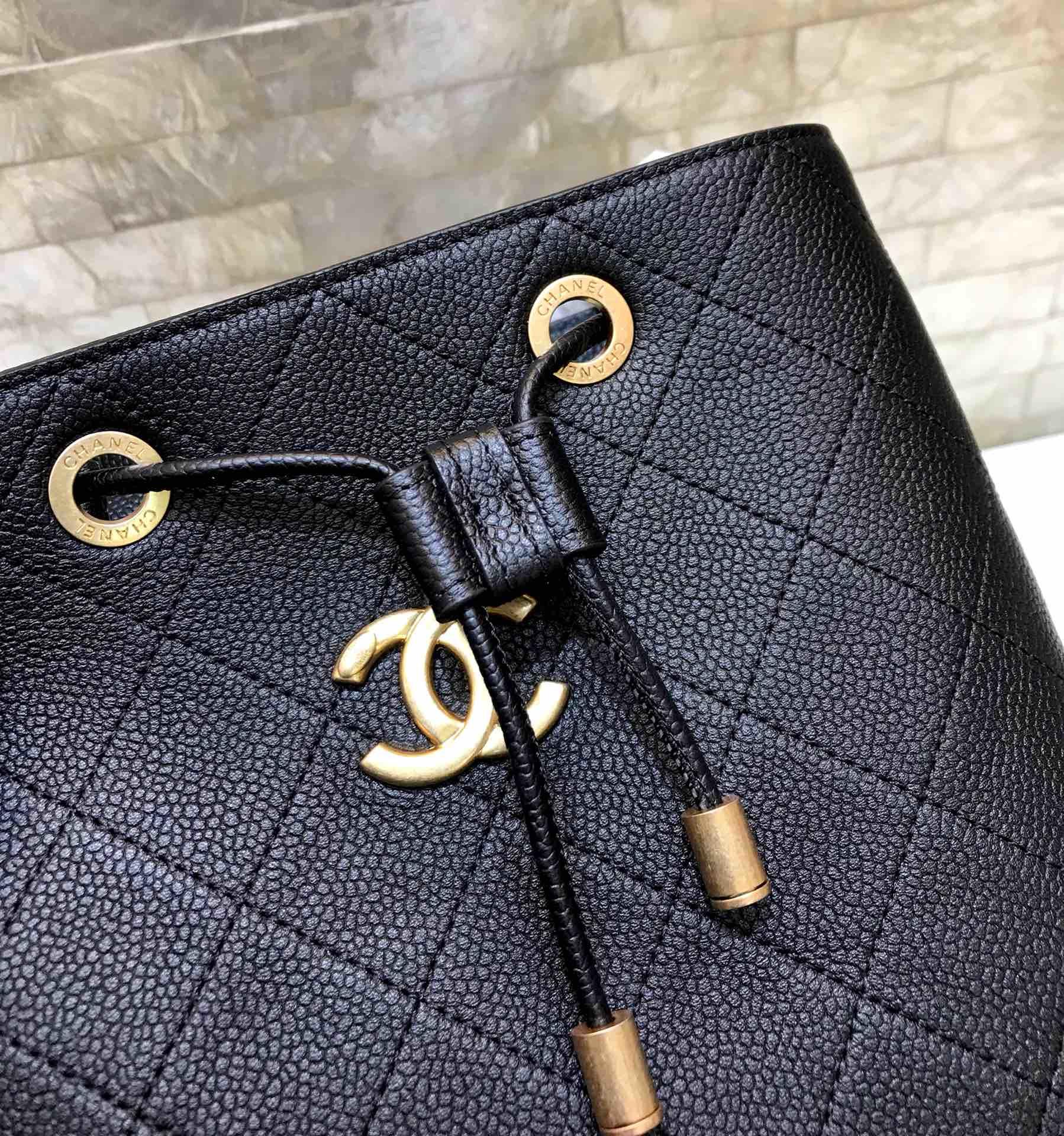 Replica Chanel AS0310 Drawstring Bag Grained Calfskin Gold Tone Metal Black