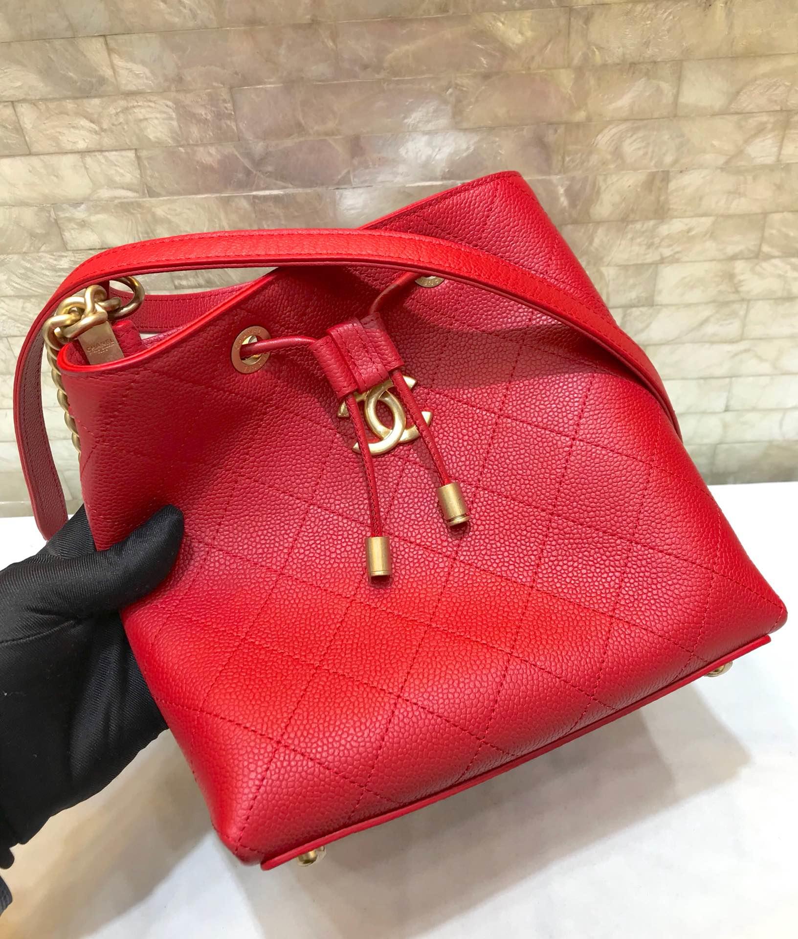 Replica Chanel AS0310 Drawstring Bag Grained Calfskin Gold Tone Metal Red