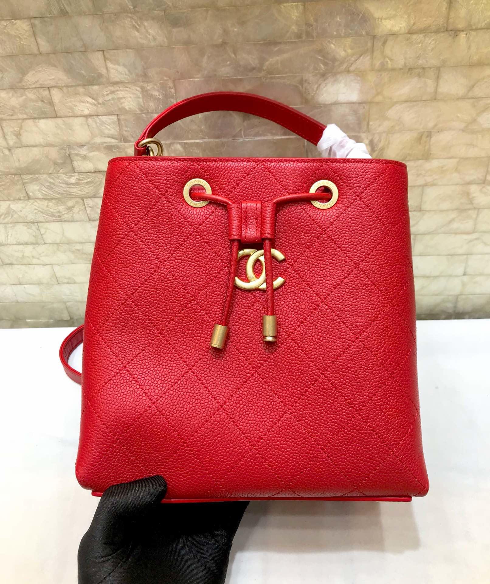 Replica Chanel AS0310 Drawstring Bag Grained Calfskin Gold Tone Metal Red