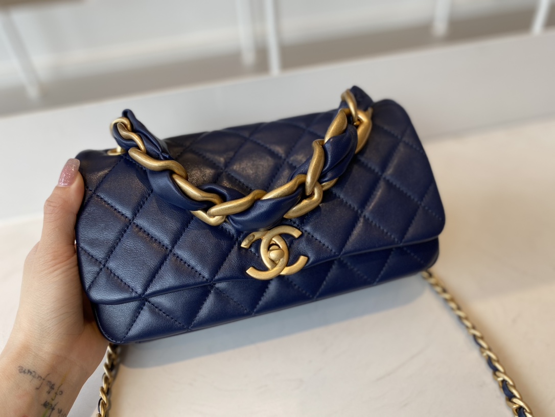 Replica Chanel AS2388 2021 Flap Bag Shiny Lambskin Gold-Tone Metal Blue