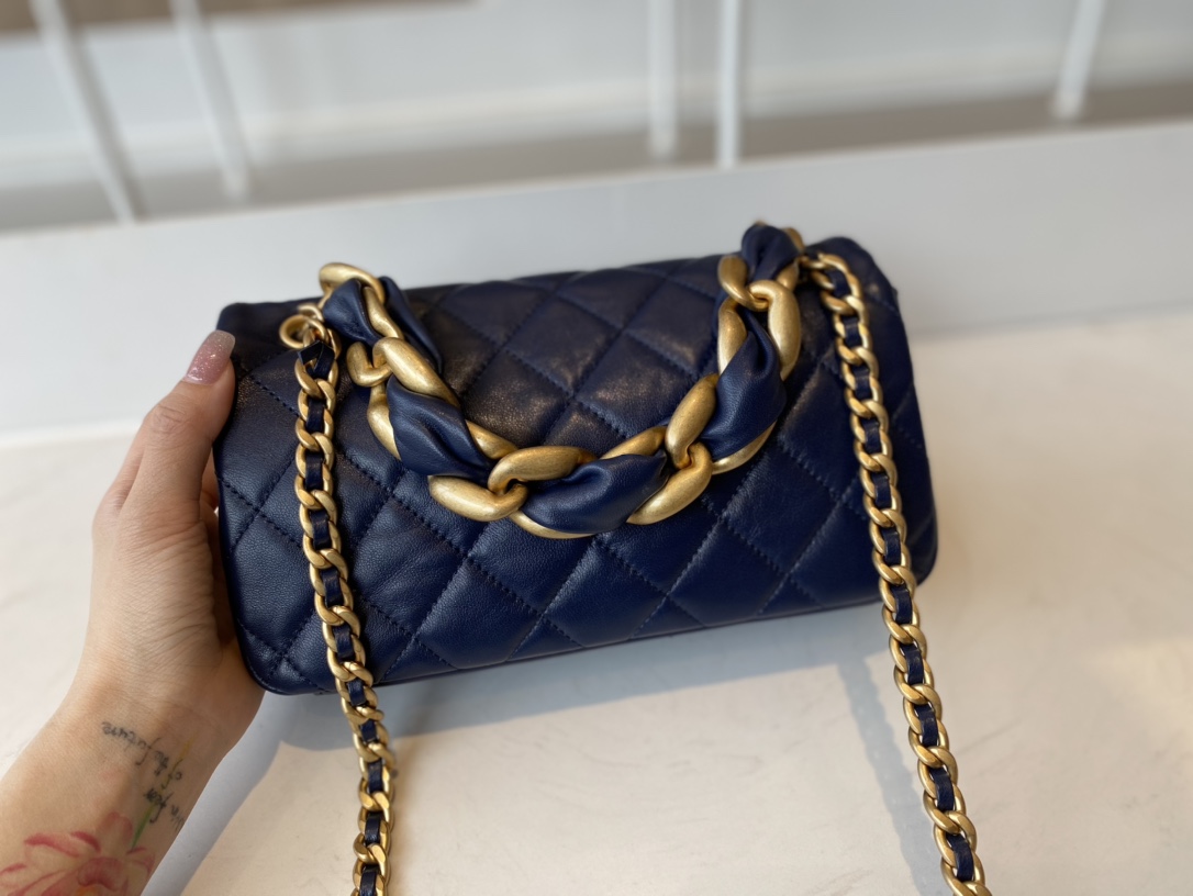 Replica Chanel AS2388 2021 Flap Bag Shiny Lambskin Gold-Tone Metal Blue