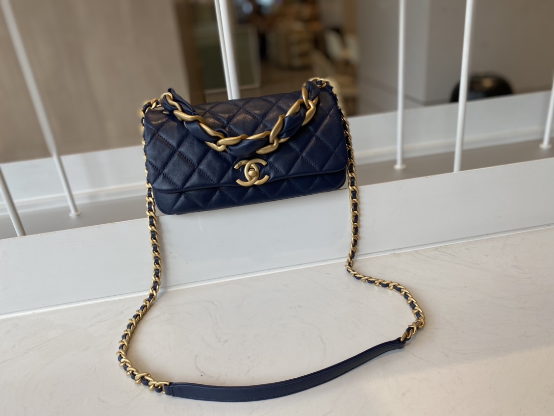 Replica Chanel AS2388 2021 Flap Bag Shiny Lambskin Gold-Tone Metal Blue