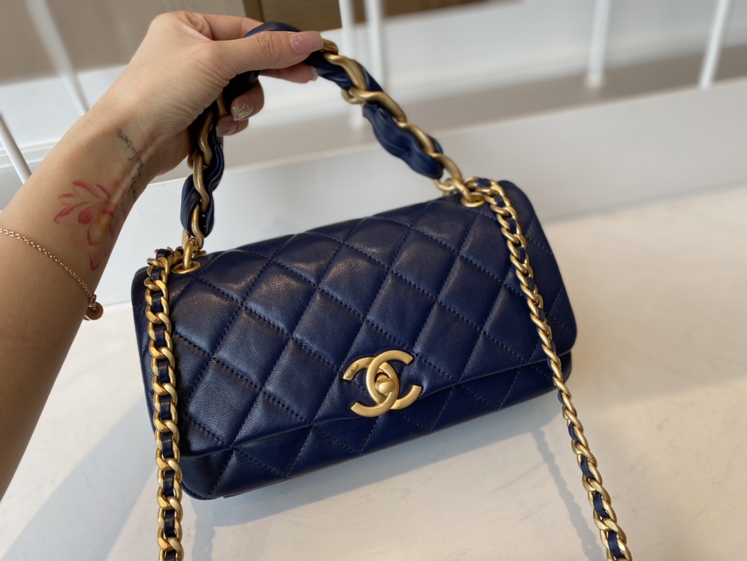 Replica Chanel AS2388 2021 Flap Bag Shiny Lambskin Gold-Tone Metal Blue