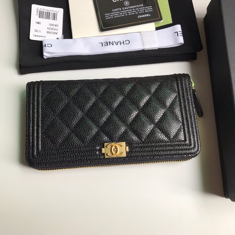 Replica Chanel BOY CHANEL Long Zipped Wallet Grained Calfskin Gold Tone Metal Black