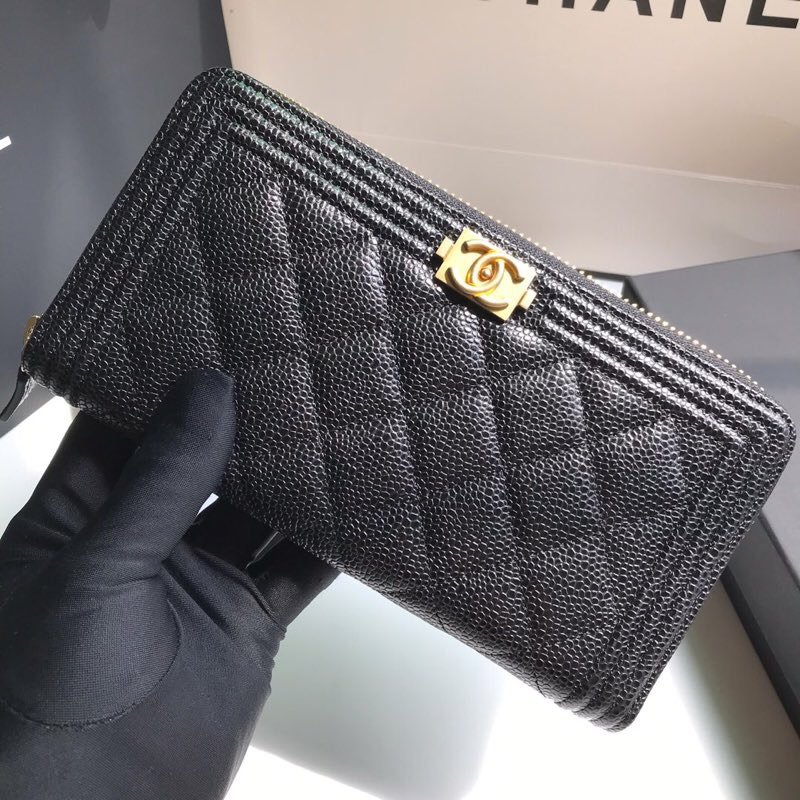 Replica Chanel BOY CHANEL Long Zipped Wallet Grained Calfskin Gold Tone Metal Black