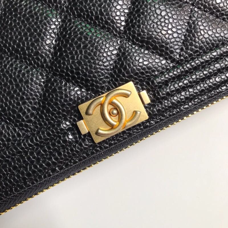 Replica Chanel BOY CHANEL Long Zipped Wallet Grained Calfskin Gold Tone Metal Black