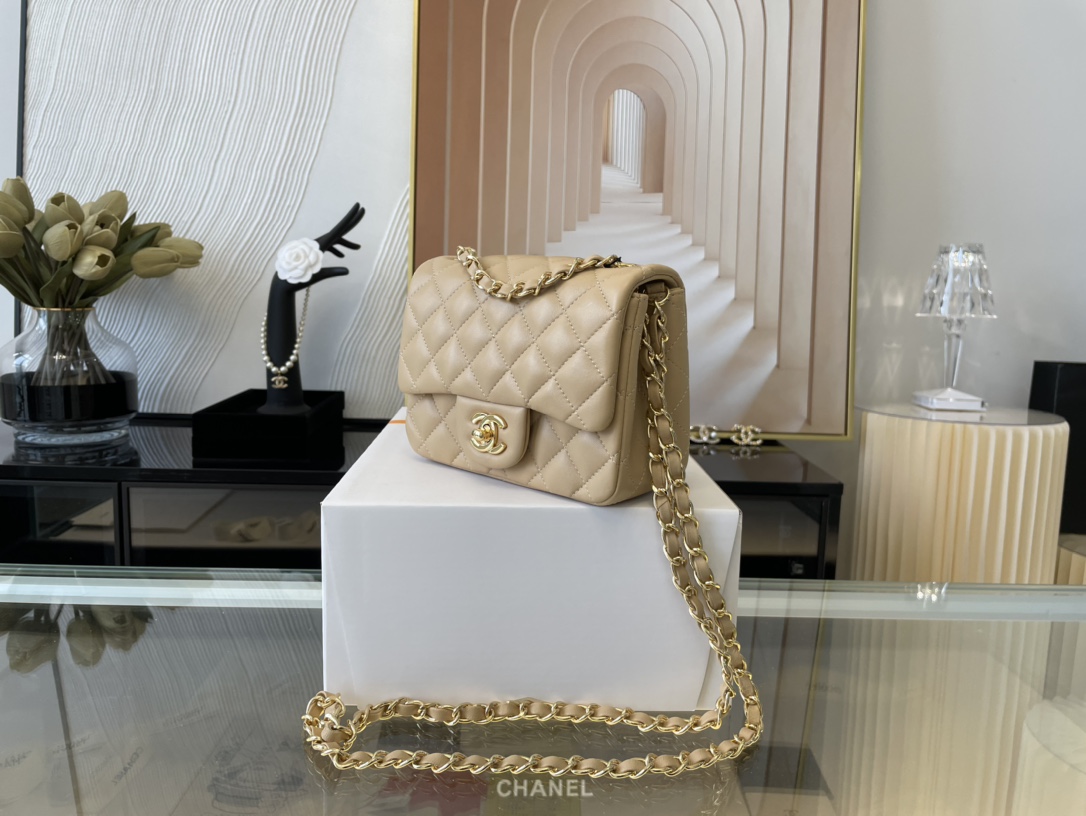 Replica Chanel Clasica Flap Mini Chain Shoulder Bag 17cm Quilted Lambskin With Gold Beige