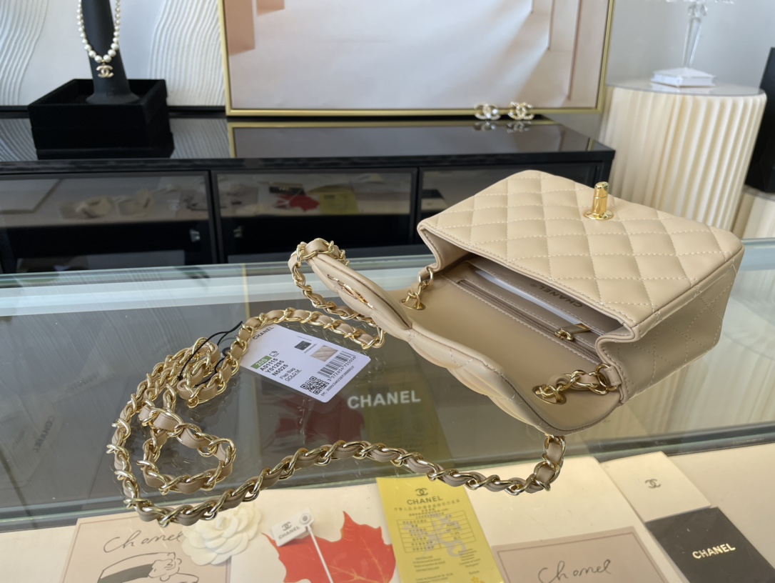 Replica Chanel Clasica Flap Mini Chain Shoulder Bag 17cm Quilted Lambskin With Gold Beige