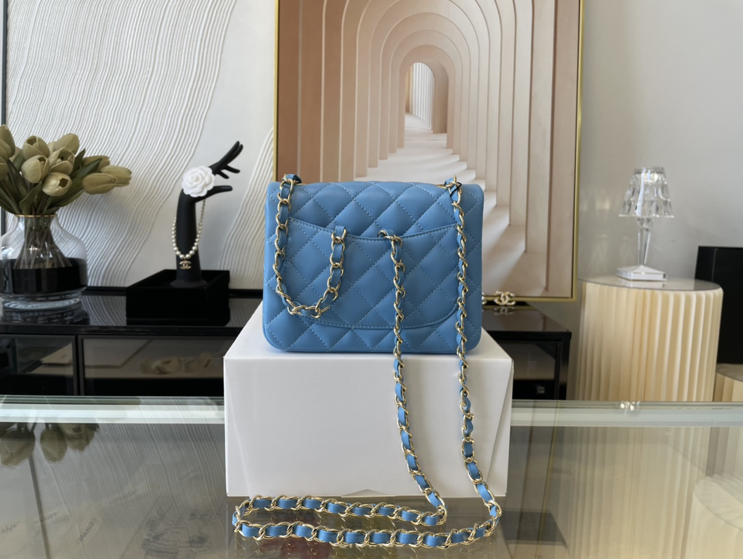 Replica Chanel Clasica Flap Mini Chain Shoulder Bag 17cm Quilted Lambskin With Gold Blue