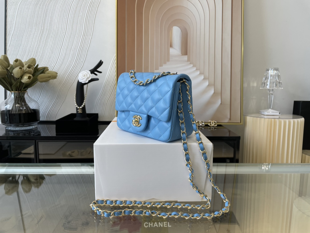 Replica Chanel Clasica Flap Mini Chain Shoulder Bag 17cm Quilted Lambskin With Gold Blue