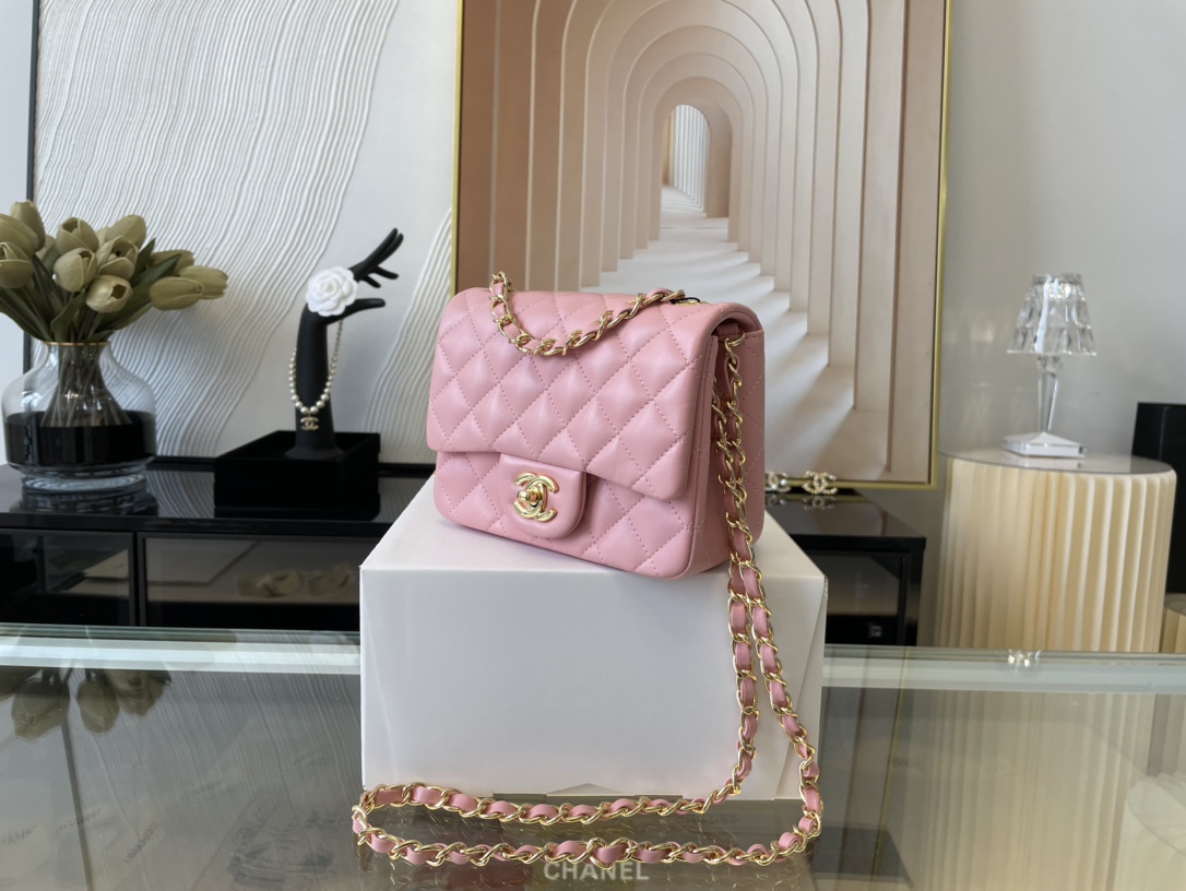 Replica Chanel Clasica Flap Mini Chain Shoulder Bag 17cm Quilted Lambskin With Gold Pink