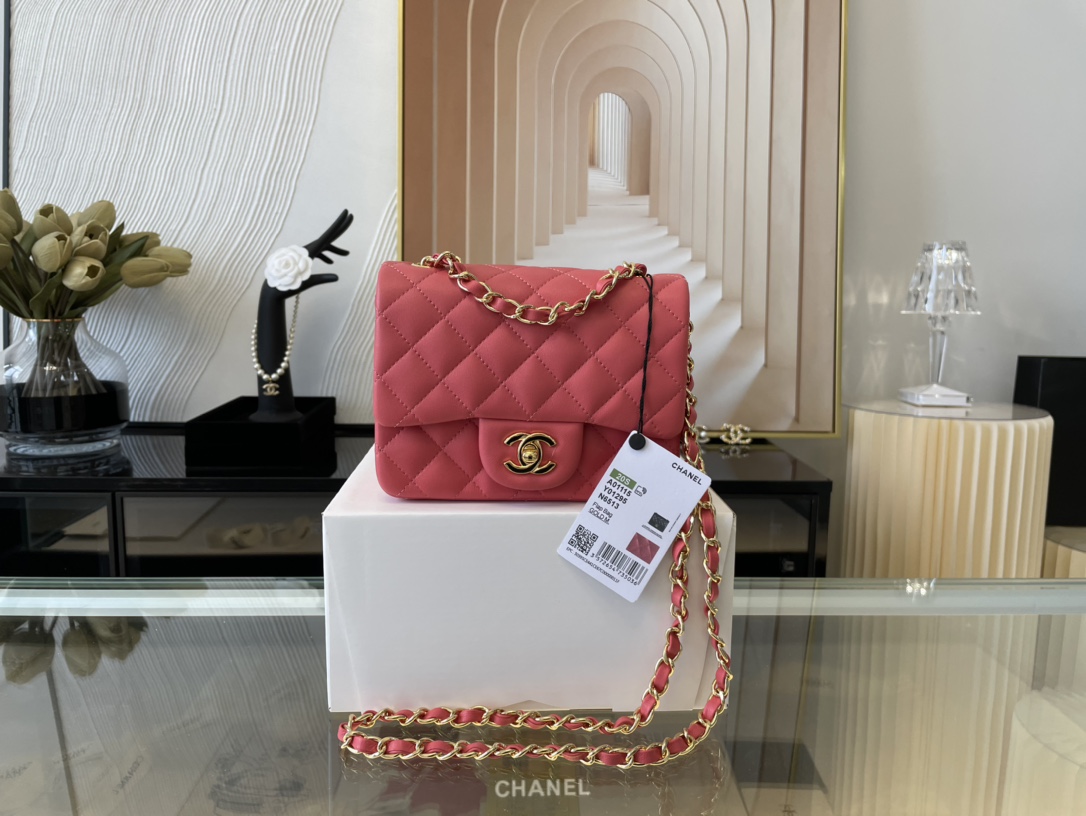 Replica Chanel Clasica Flap Mini Chain Shoulder Bag 17cm Quilted Lambskin With Gold Watermelon Red 