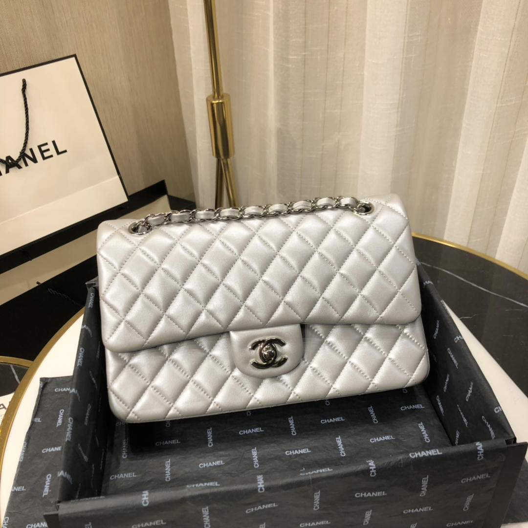 Replica Chanel Classic Flap Handbag Lambskin Silver-Tone Metal Sliver A01112