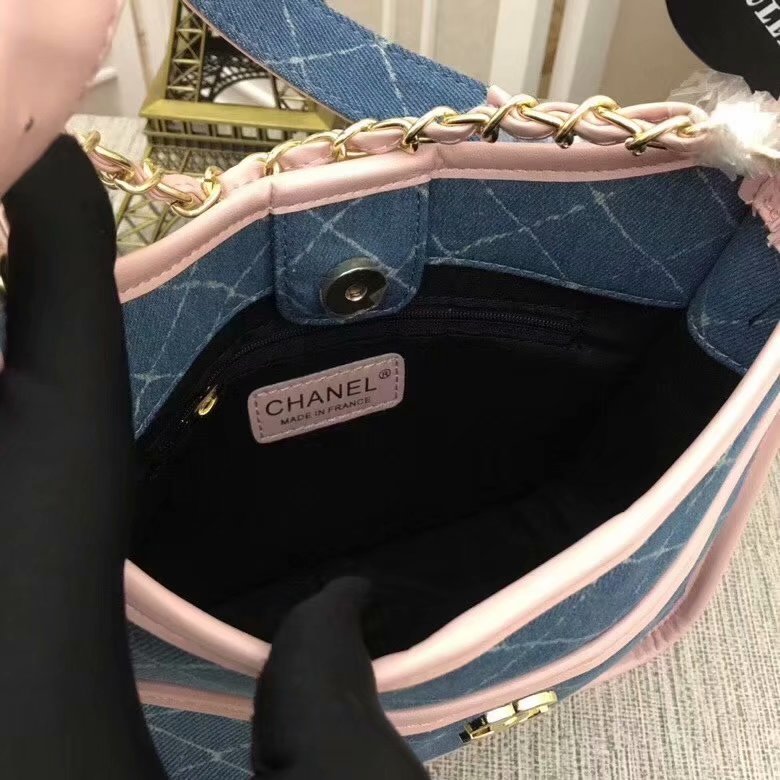 Replica Chanel Classics Women Shoulder Bag Denim Calfskin Gold-Tone Metal Blue