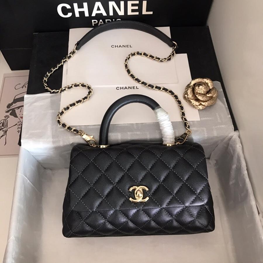 Replica Chanel CoCo Flap Bag With Top Handle Grained Calfskin Gold-Tone Metal Black