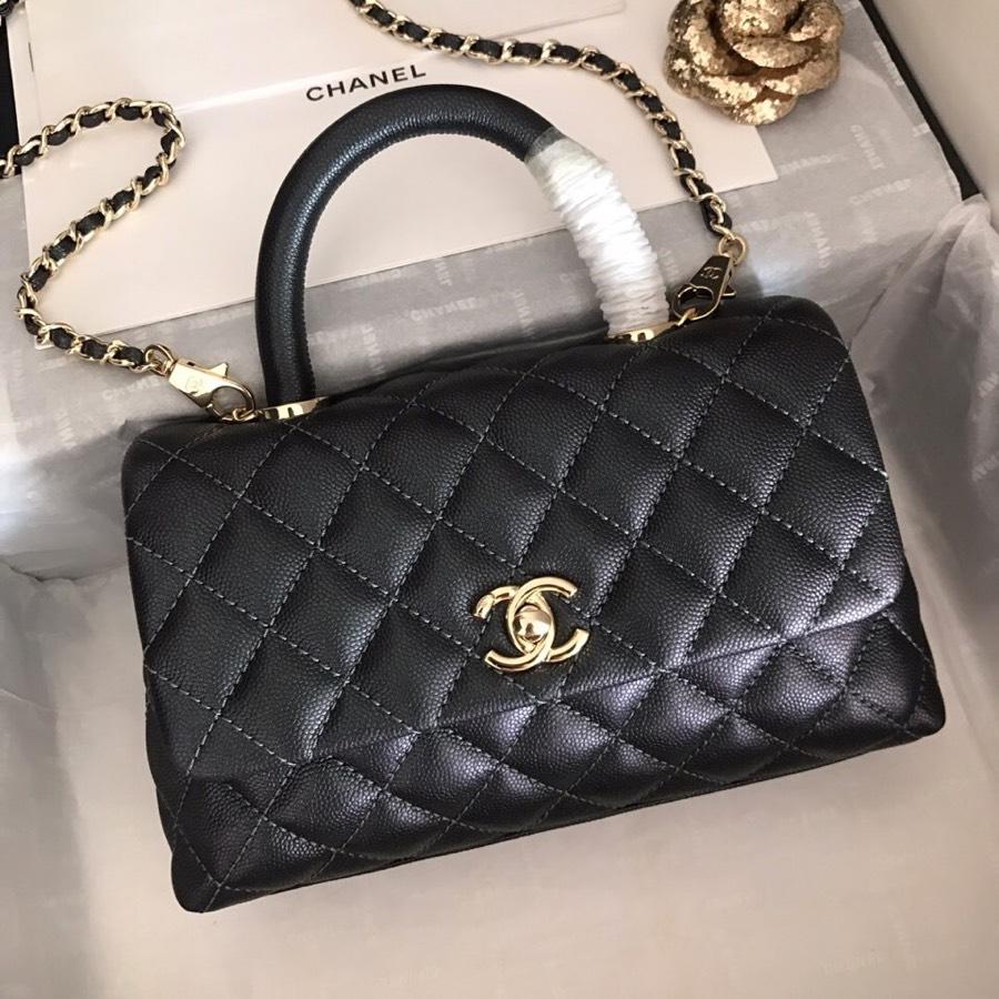 Replica Chanel CoCo Flap Bag With Top Handle Grained Calfskin Gold-Tone Metal Black