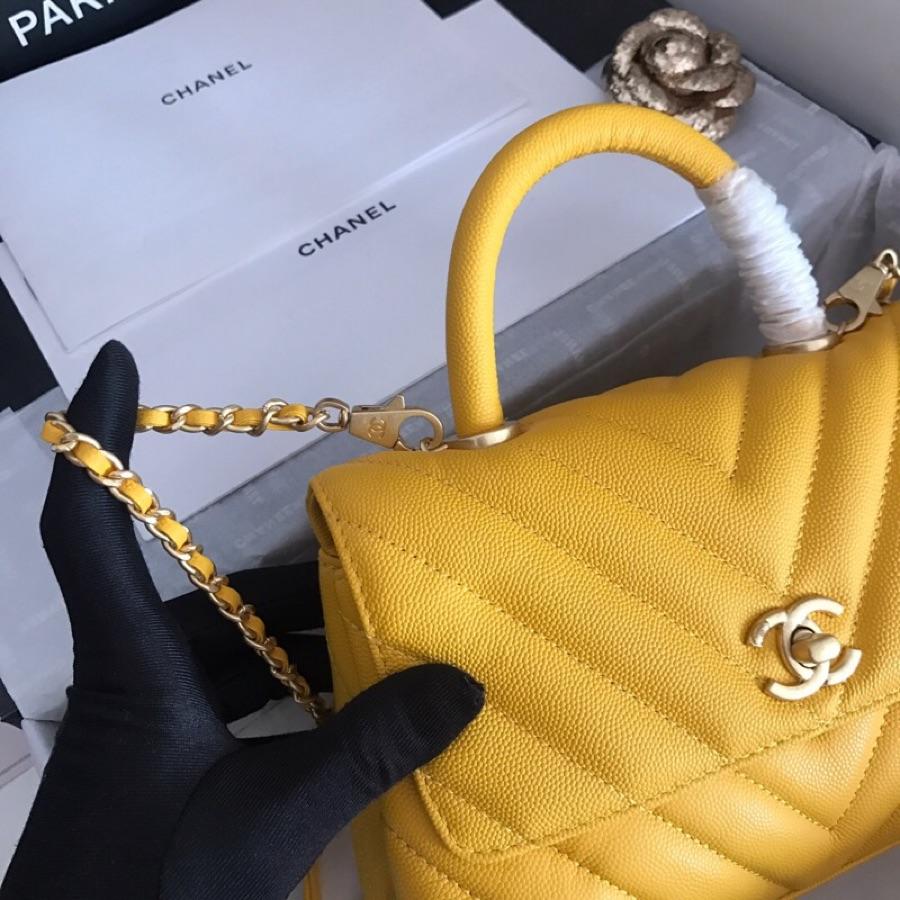 Replica Chanel CoCo V Flap Bag With Top Handle Grained Calfskin Gold-Tone Metal V Yellow