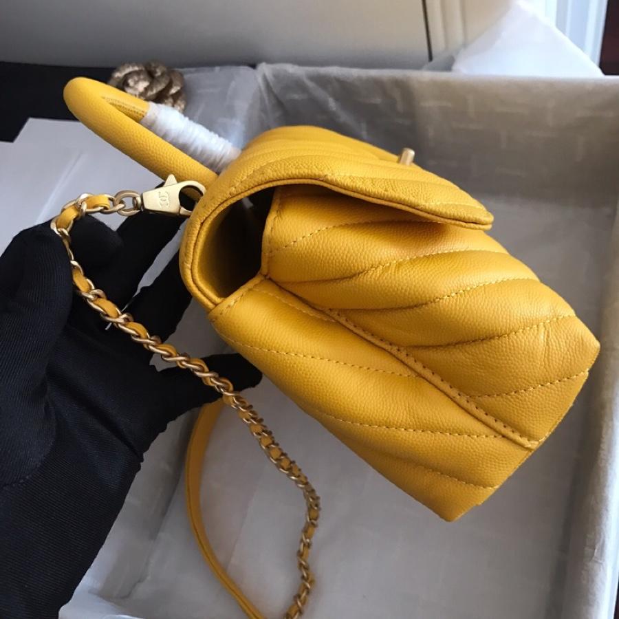 Replica Chanel CoCo V Flap Bag With Top Handle Grained Calfskin Gold-Tone Metal V Yellow