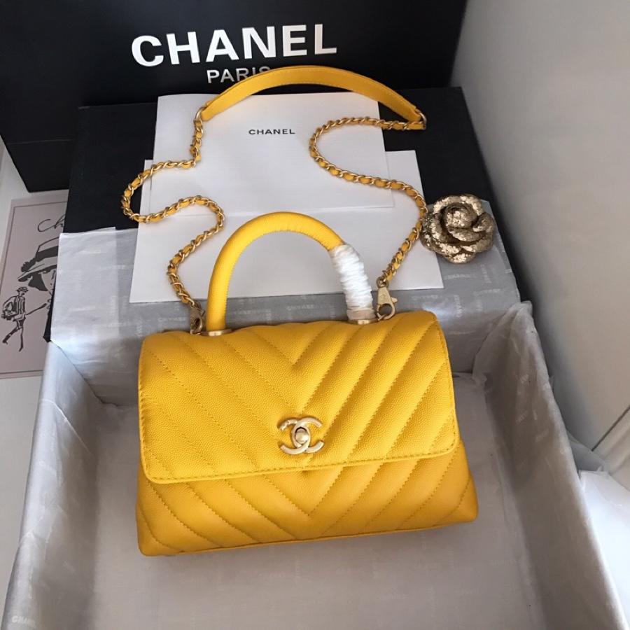 Replica Chanel CoCo V Flap Bag With Top Handle Grained Calfskin Gold-Tone Metal V Yellow