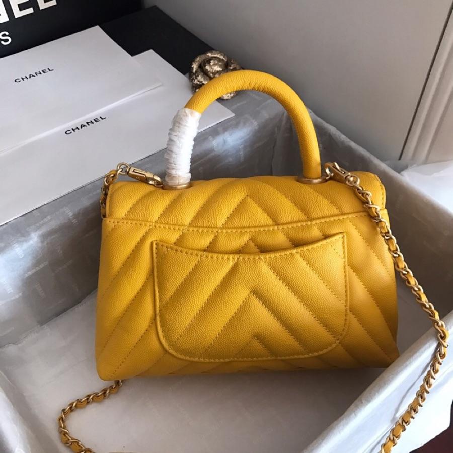 Replica Chanel CoCo V Flap Bag With Top Handle Grained Calfskin Gold-Tone Metal V Yellow