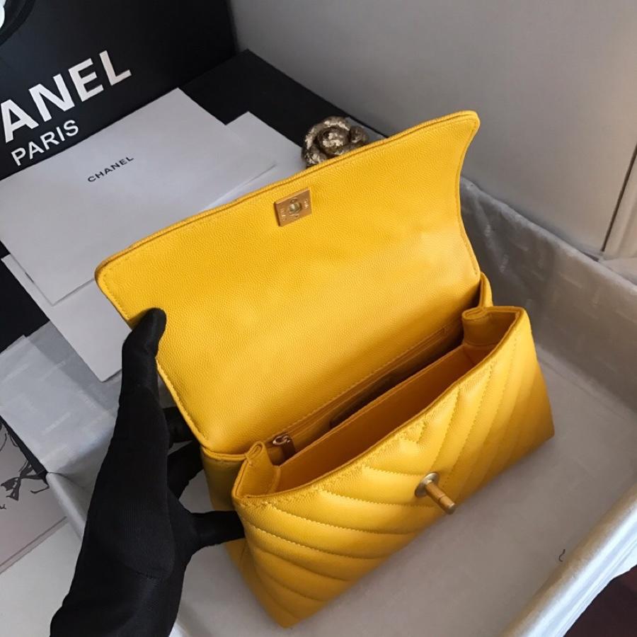 Replica Chanel CoCo V Flap Bag With Top Handle Grained Calfskin Gold-Tone Metal V Yellow