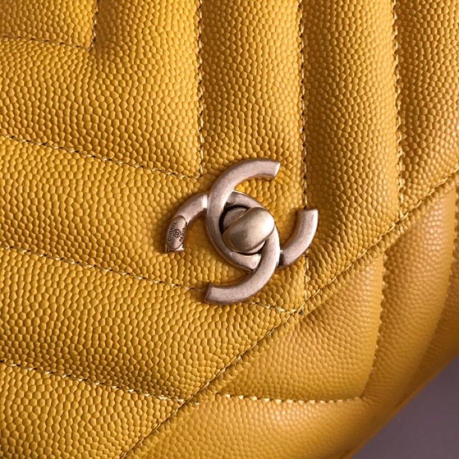 Replica Chanel CoCo V Flap Bag With Top Handle Grained Calfskin Gold-Tone Metal V Yellow