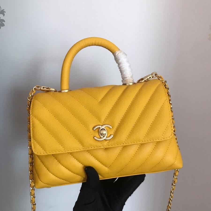 Replica Chanel CoCo V Flap Bag With Top Handle Grained Calfskin Gold-Tone Metal V Yellow