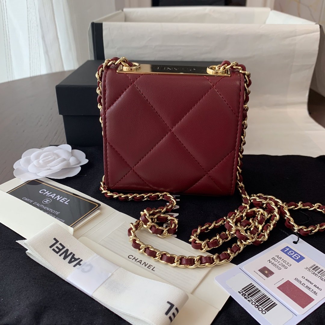 Replica Chanel Ohanel Trendy Mini Wallet on Chain Lambskin Gold-Tone Metal Dark Red