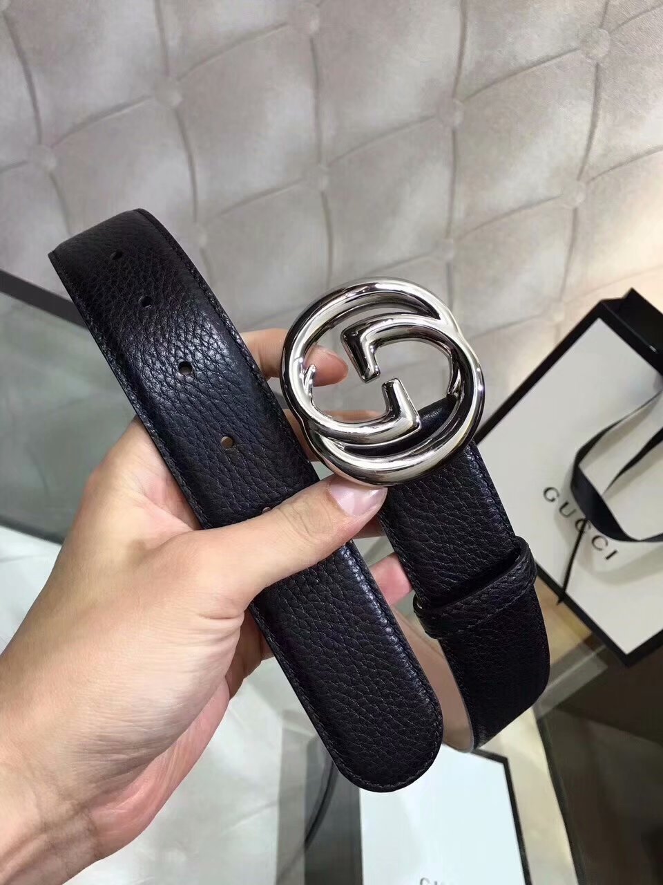 Replica Cheap Gucci Men Leather Black Belt Width 3.8cm With Silver Buckle 059