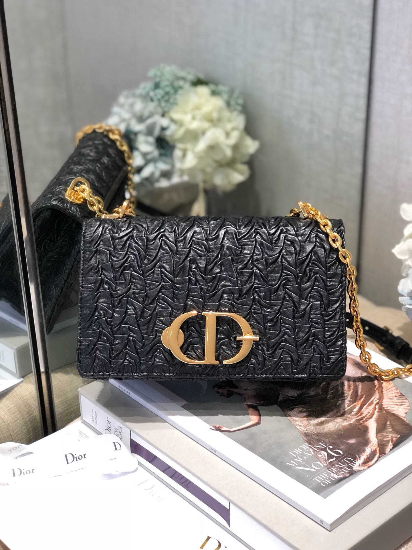 Replica Dior Black 30 Montaigne Wavy Shiny Crinkled Lambskin Flap Chain Bag