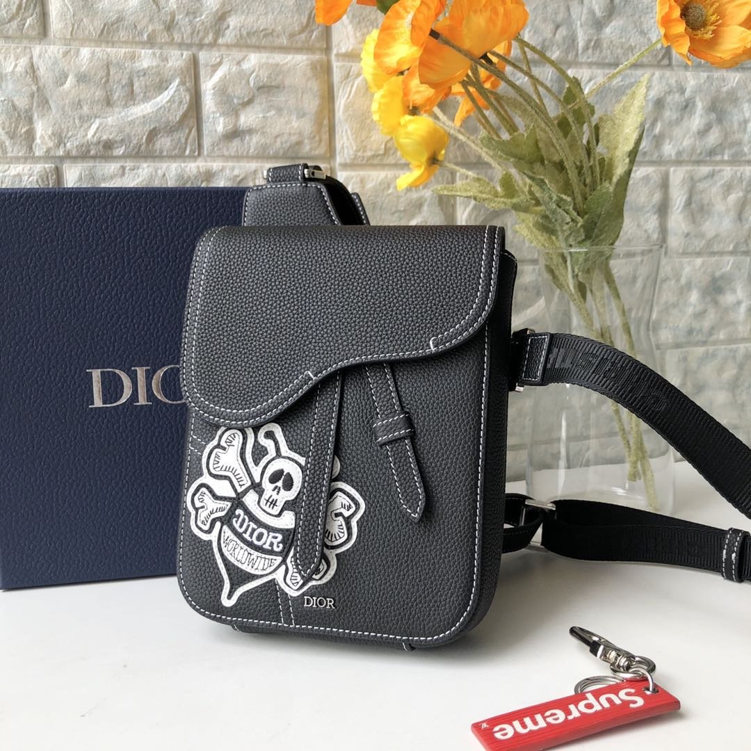 Replica Dior Black Shawn Stussy Saddle Bag Grained Calfskin