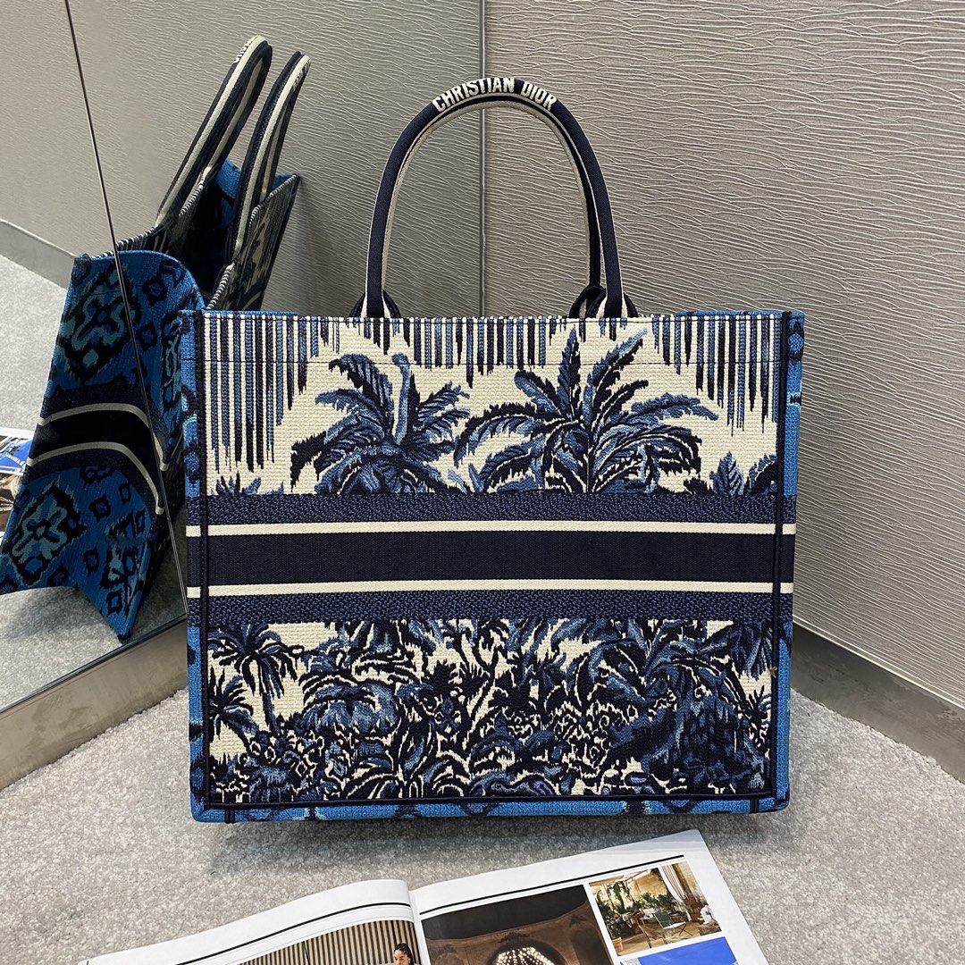 Replica Dior Book Tote Large Blue Dior Palms Embroidery