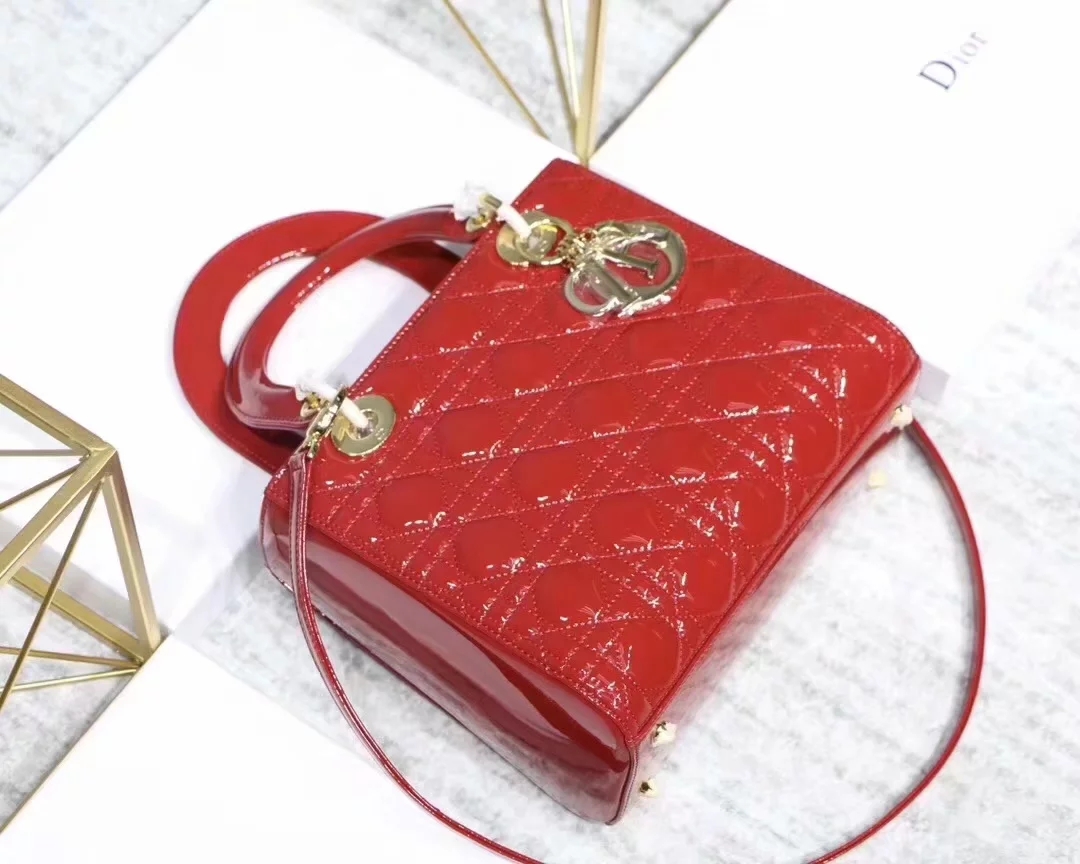 Replica Dior Lady Bag in Red Patent Cannage Calfskin Gold Tone